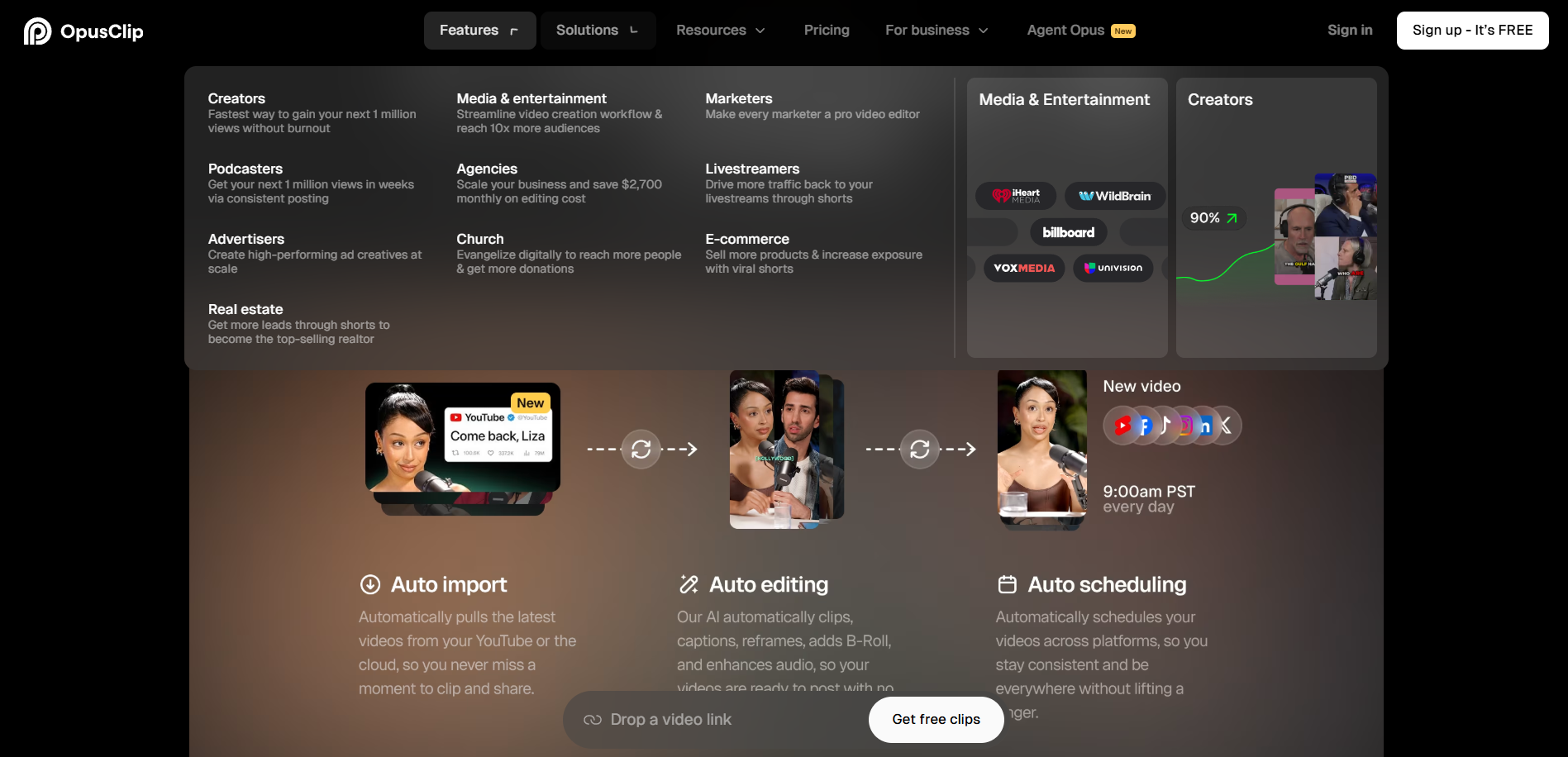 OpusClip AI clip selection interface showing viral score and caption preview